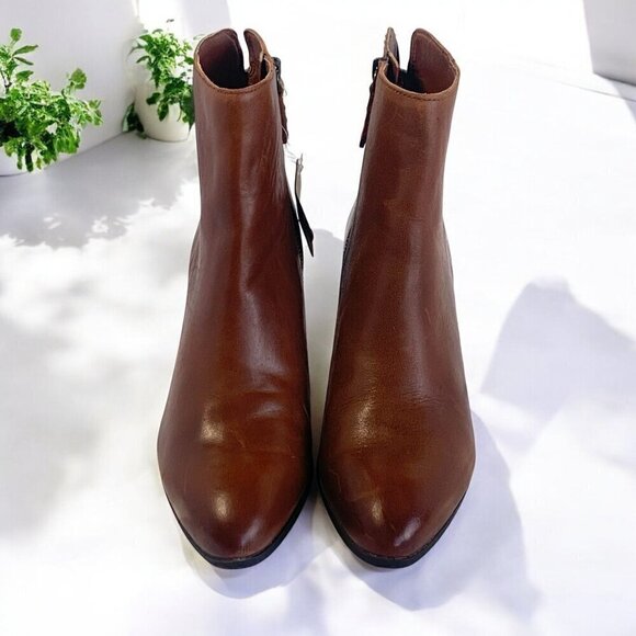 FRYE Megan Ankle Booties Cognac Leather 9M With Stacked Heel & Side Zip Closure - Picture 5 of 13